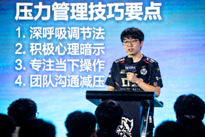 DOTA2老将分享比赛中心理素质训练方法，屏幕上展示压力管理技巧要点